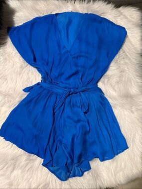 glam Cobalt Blue Wrap Romper with Self Tie Waist